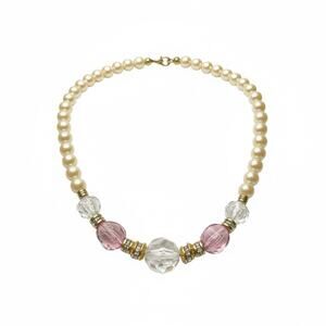 Vintage Japan Faux Pearl Necklace Pink Crystal Beads Gold Tone Mid Century